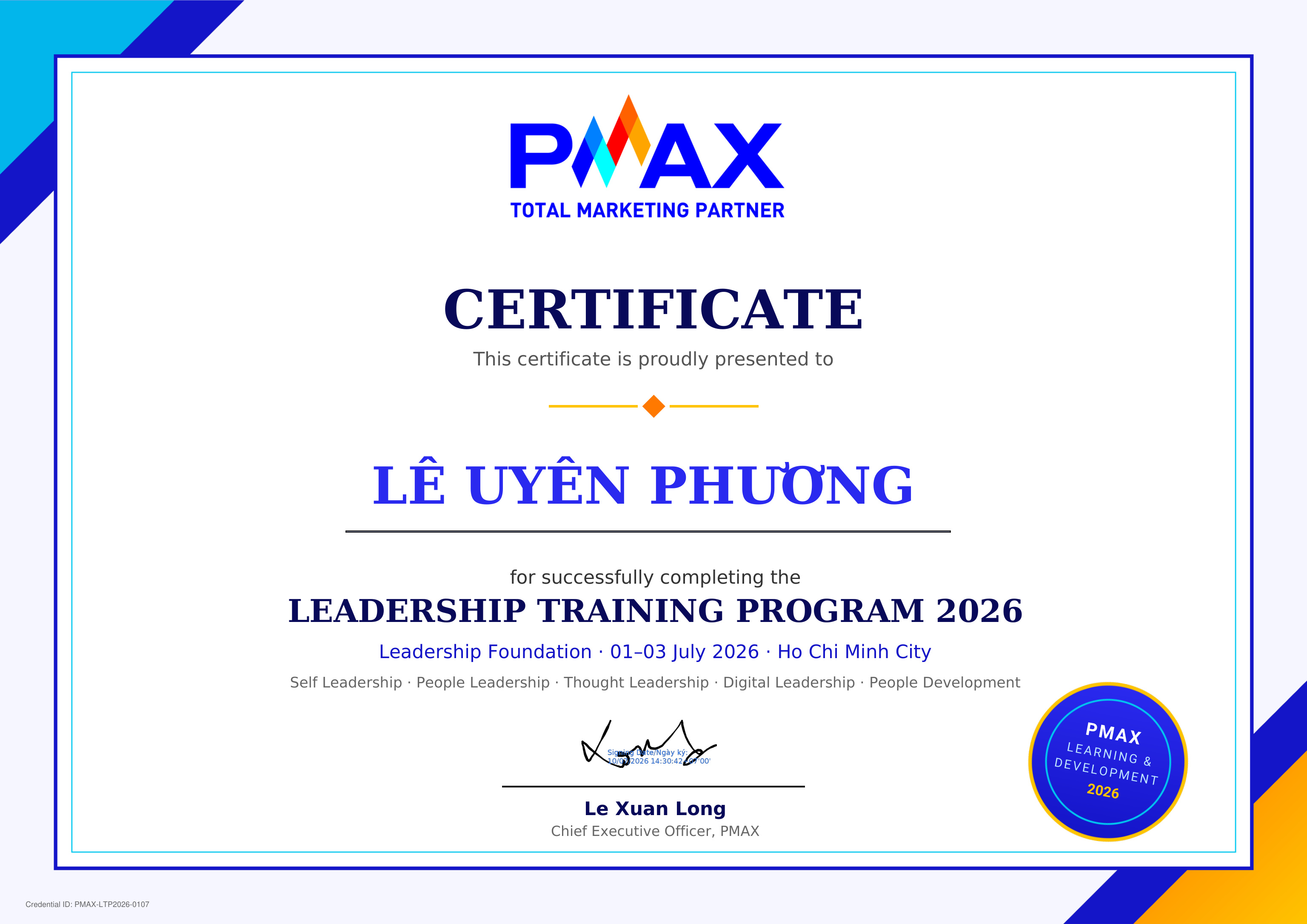 Certificate for LÊ UYÊN PHƯƠNG