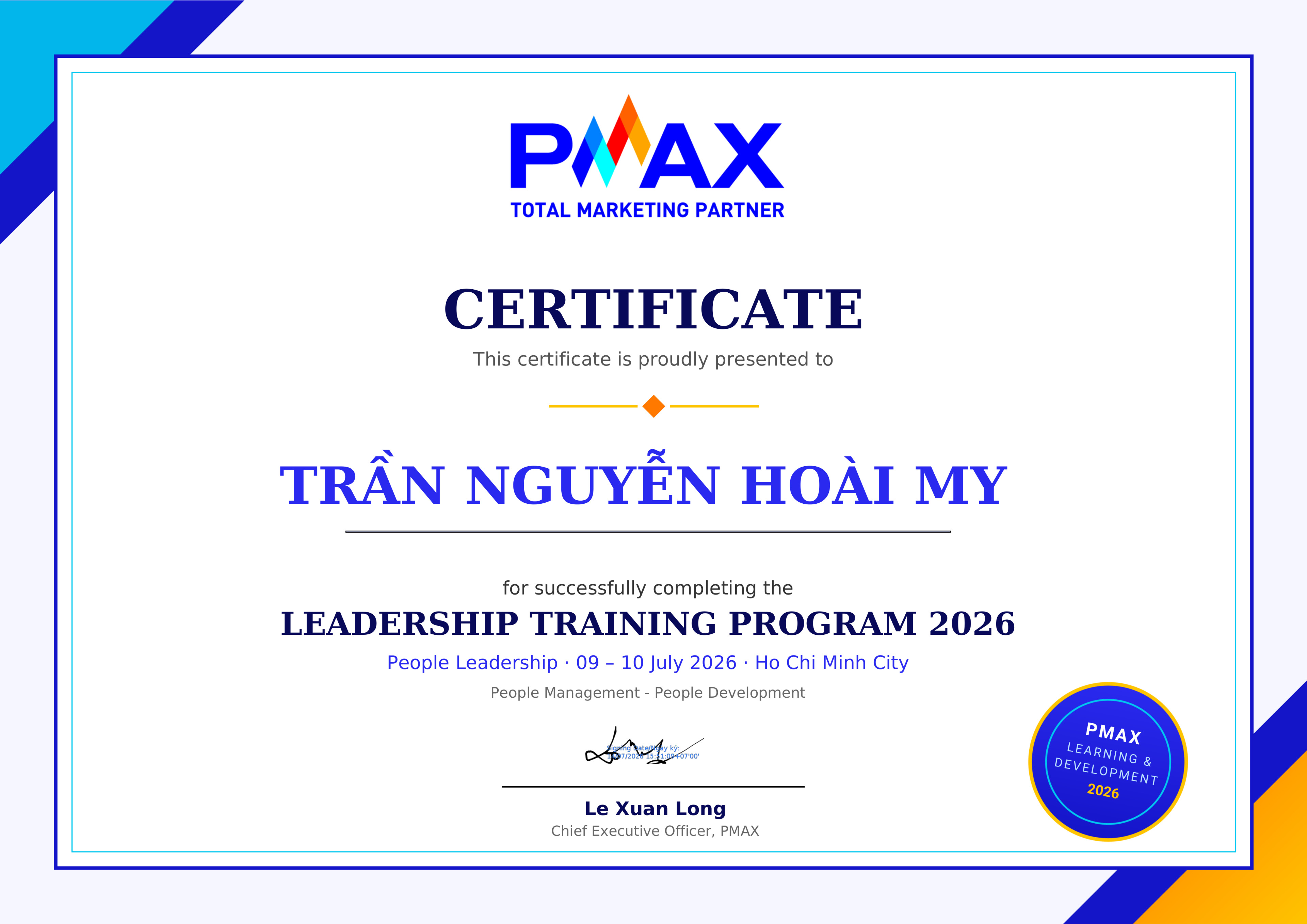 Certificate for TRẦN NGUYỄN HOÀI MY